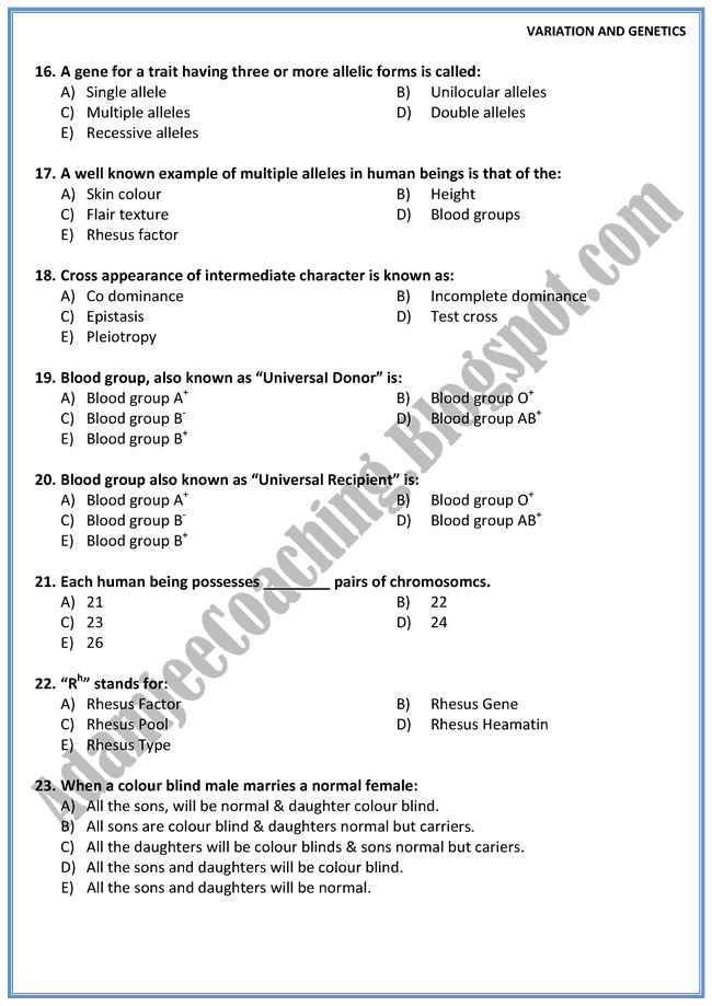 Biology Mcqs XII - Variations and Genetics - Mcqs