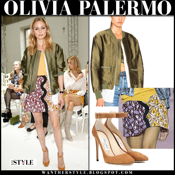 Olivia Palermo in green satin phillip lim bomber jacket, multi print mini giambattista valli skirt and suede pumps jimmy choo helena what she wore front row