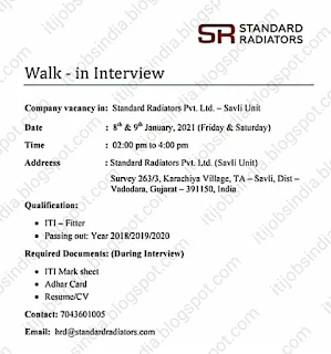 ITI Fitter Freshers Job Vacancy Walk In Interview For Standard Radiators Pvt. Ltd. Company