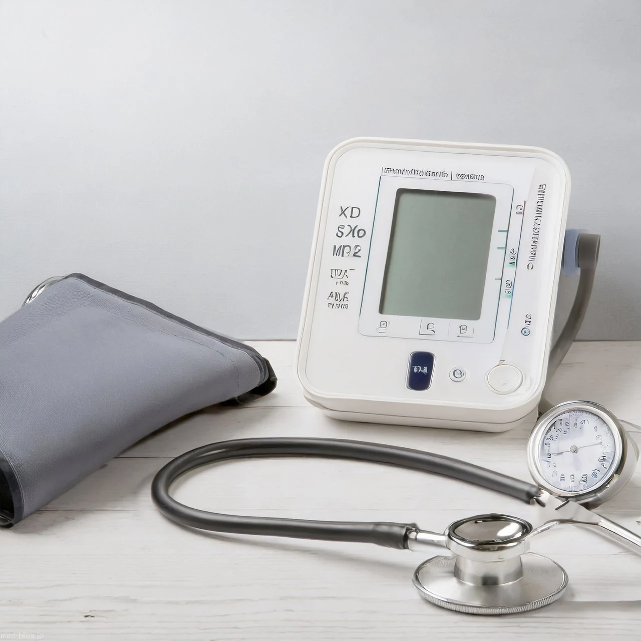 白い壁を背景に白い机の上に電子血圧計と聴診器が置かれている写真.jpg (1280×1280)