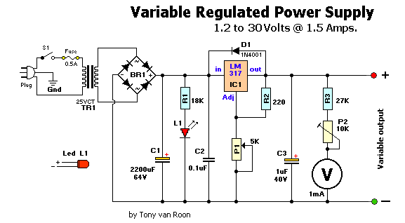 1.2-30V/1.5A Variable Regulated Power supply Circuit