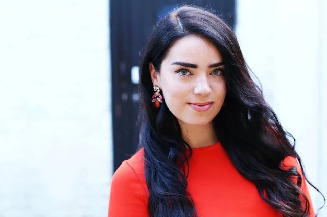 Orange dress and earrings - London fashion blogger Emma Louise Layla