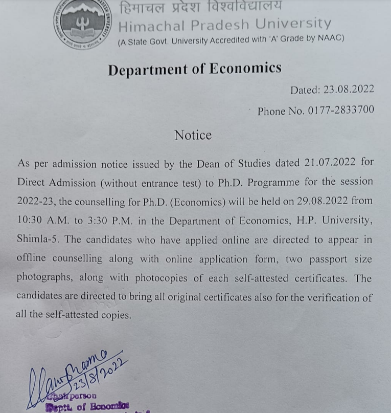 Counselling Notice Ph. D. Programme Session 2022-23:- HPU Shimla