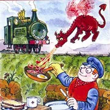 Idris Ivor the engine dragon is assisting Jones the Steam cooking of his breakfast bacon and eggs