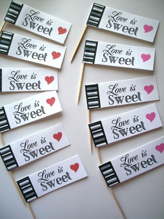  doll them up with these Love is Sweet black and white cupcake toppers 