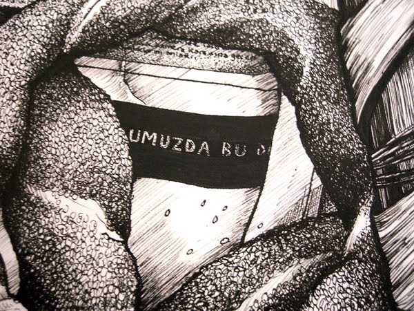 Close up of ink drawing of a bread seller in Istanbul by Samantha Zaza.