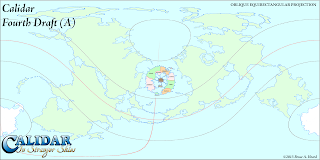 The World of Calidar, Fourth Draft World Map, Oblique Equirectangular Projection