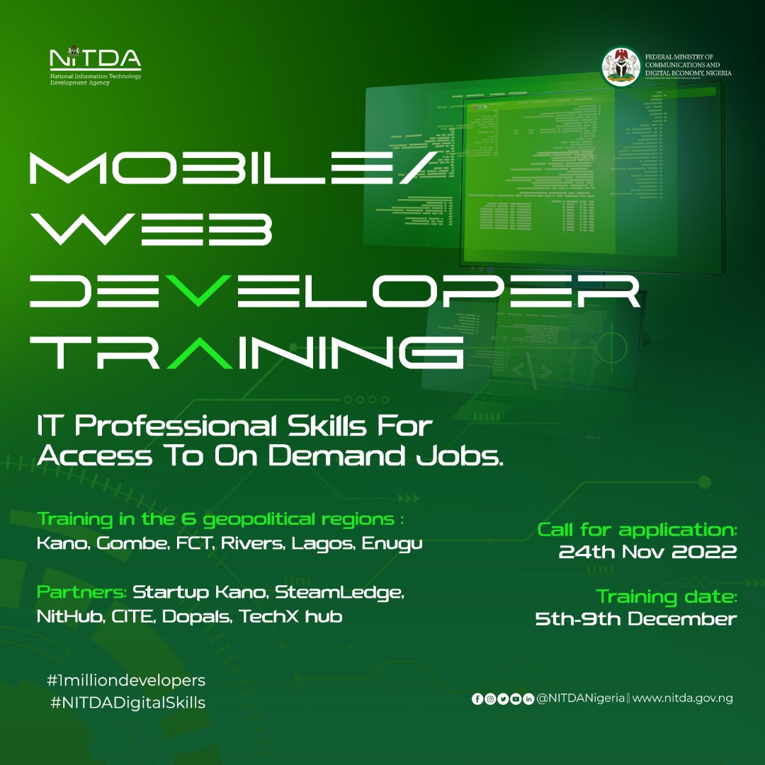 Registration ongoing: Link to Apply NITDA - APPLICATION FOR MOBILE WEB DEVELOPER TRAINING
