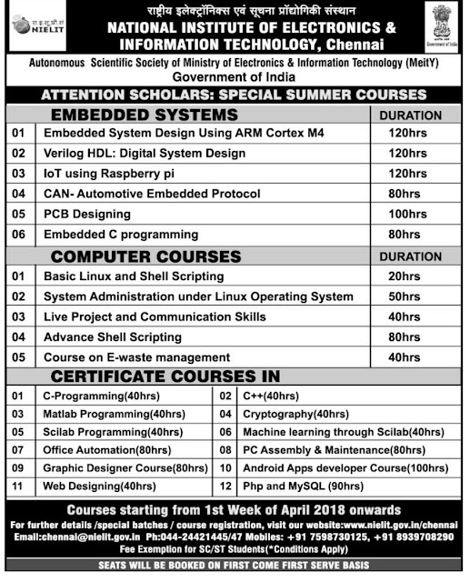 NIELIT Chennai Admissions for Summer Courses 2018 