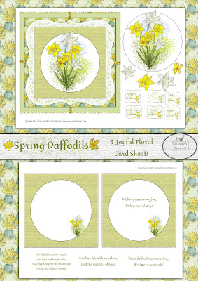 Image shows a mock-up of three sheets of yellow white and orange paterned daffodils, a card front sheet, inserts and verses and a daffodil-vase patterned background.