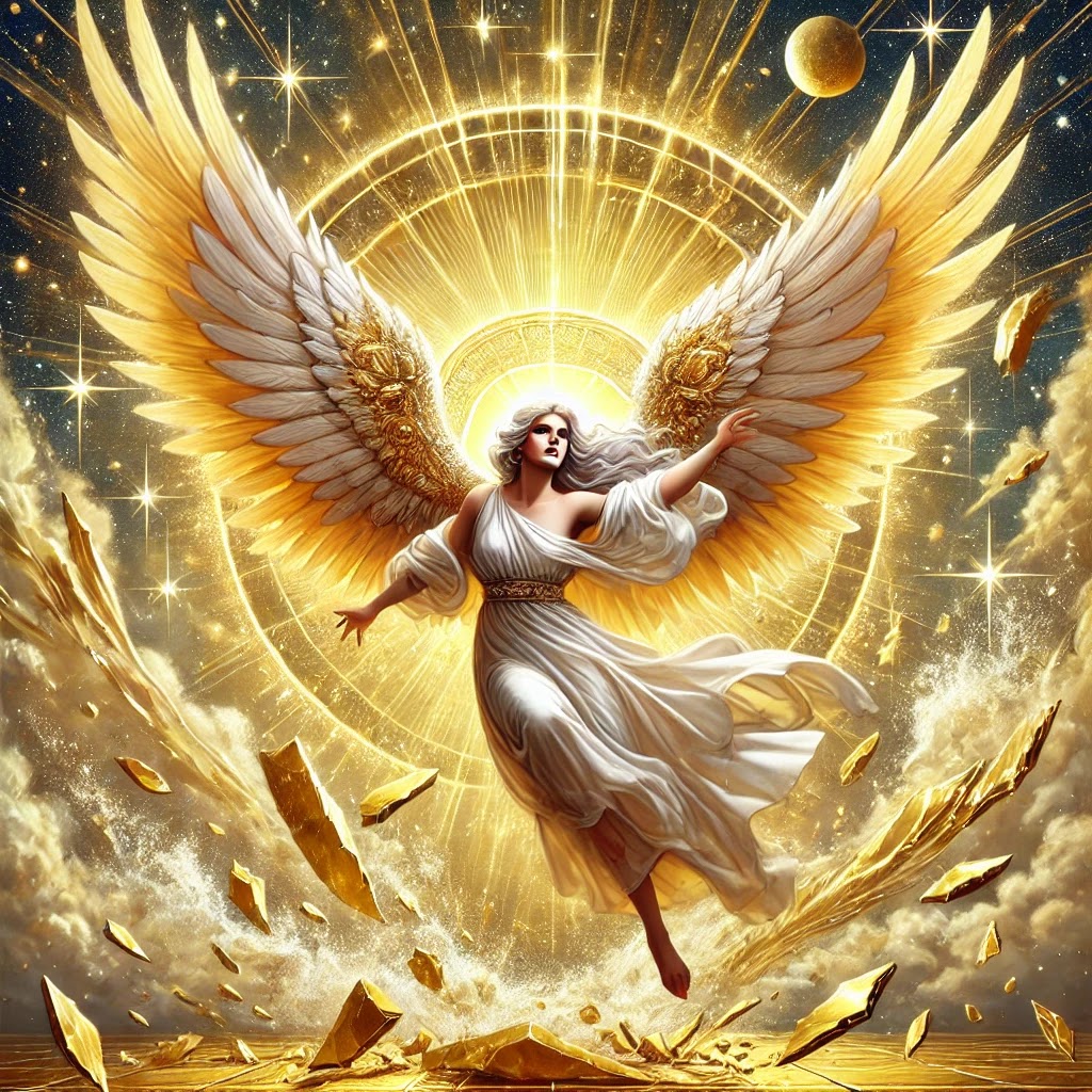 A celestial angel breaking through a golden barrier, symbolizing major breakthroughs and success during Capricorn season.