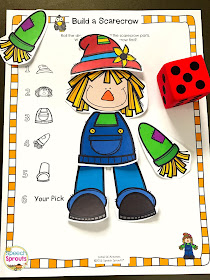 Scarecrow, Scarecrow is just one of the fabulous fall songs and fingerplays for preschool speech therapy in this post. Lisette shares links to the best Youtube videos to teach them, speech and language targets and more autumn speech and language activities like this build a scarecrow game. #speechsprouts #fingerplays #speechandlanguage #preschool #fallpreschoolactivities #spidertheme #scarecrow #nurseryrhymes