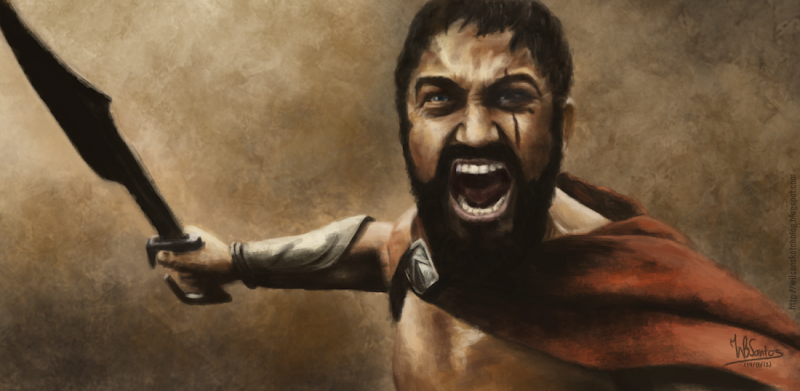 Digital painting of King Leonidas roaring, using Krita 2.5 Alpha.