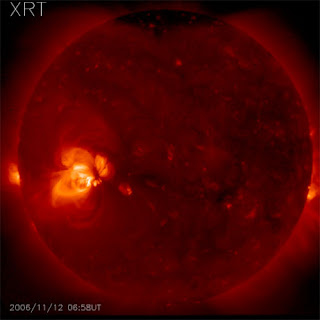 Two active regions appear as bright areas on this full-disk image of the sun, taken with the Hinode spacecraft's X-Ray