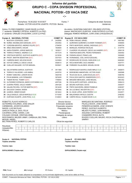 Alineaciones Nacional Potosi vs Vaca Diez