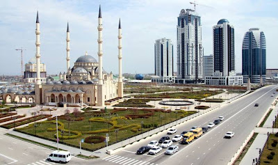 The Akhmad Kadyrov Mosque (Russian — Mechet Akhmata Kadyrova) is located in Grozny, the capital of Chechnya. It is one of the largest mosques in Russia and is officially known as the "The Heart of Chechnya" , Russian — Serdtse Chechni). The mosque is named after Akhmad Kadyrov who commissioned its construction from the mayor of Konya. The mosque design with a set of 62-metre (203 ft)-tall minarets is based on the Blue Mosque in Istanbul. On October 16, 2008, the mosque was officially opened in a ceremony in which Chechen leader Ramzan Kadyrov spoke and was with Russian Prime Minister Vladimir Putin. In this mosque, ten thousand Muslims can pray at a time and its minarets reach 62 metres (203 ft) high.