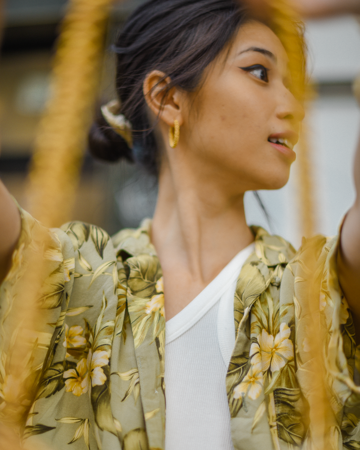 Topical printed shirt, summer casual style, green floral top outfit ideas, gold details, FOREVERVANNY.com