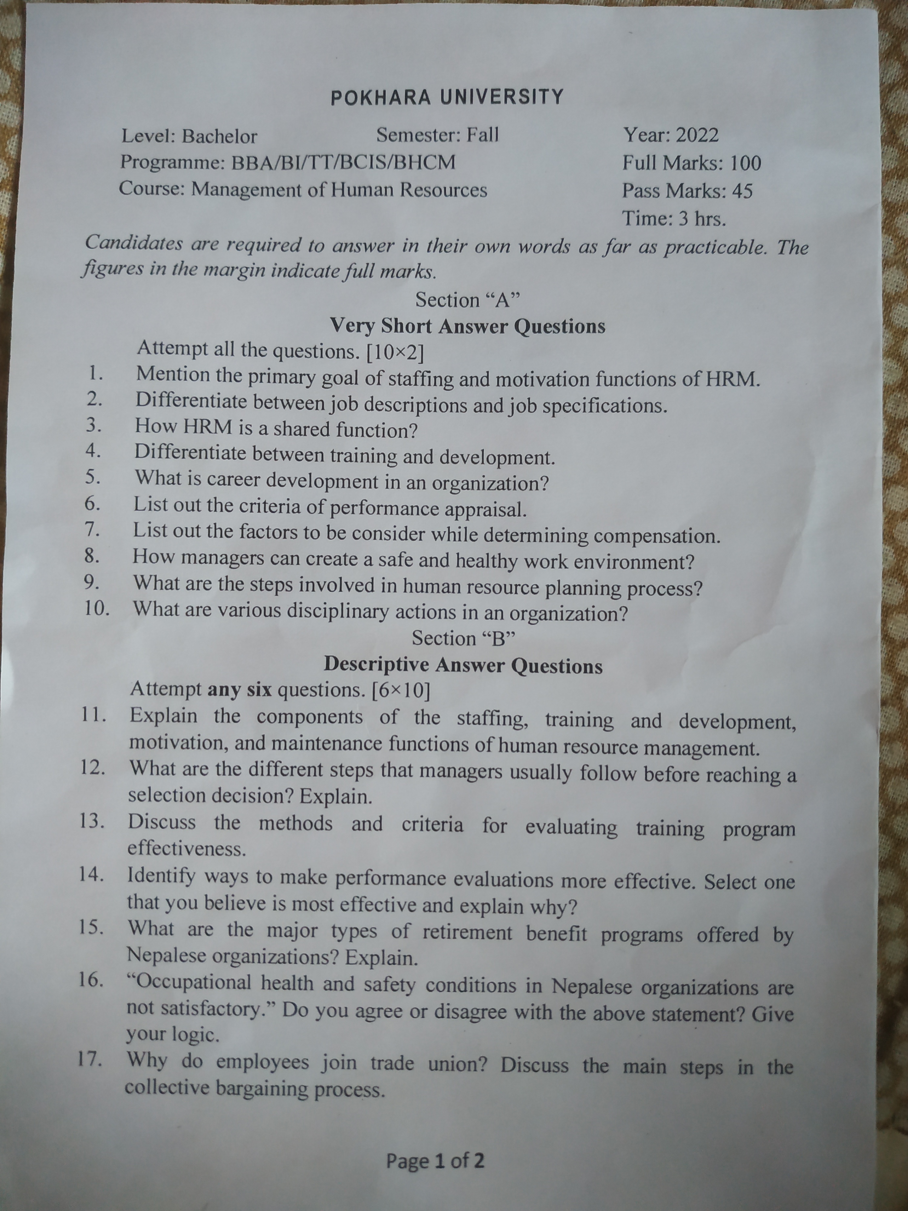 Management of Human Resources (HRM) 2022 Fall Question Paper | BBA/BBA-BI/BBA-TT/BCIS/BHCM | Pokhara University (PU) | Bachelor Level