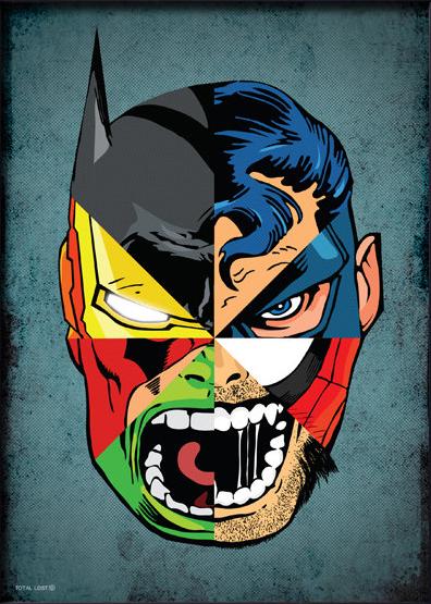 Composición con las caras más famosas de los superhéroes de comic