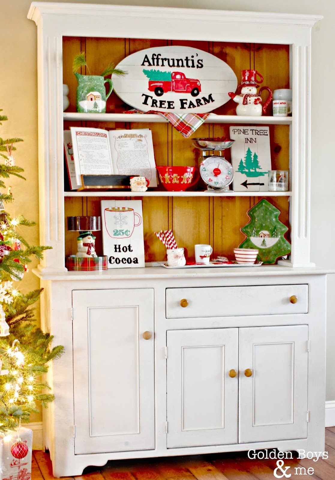 White hutch with DIY hand painted signs at Christmas-www.goldenboysandme.com