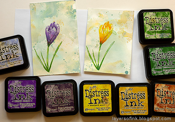 Layers of ink - Crocus in Watercolor and Pencil Tutorial by Anna-Karin Evaldsson. With Simon Says Stamp Thoughtful Flower stamp. Watercolor the flowers with Distress Ink.