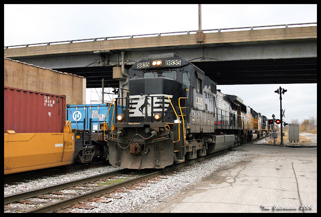 NS 8835 leads a train under Adelaide Avenue, in North St. Louis, MO.