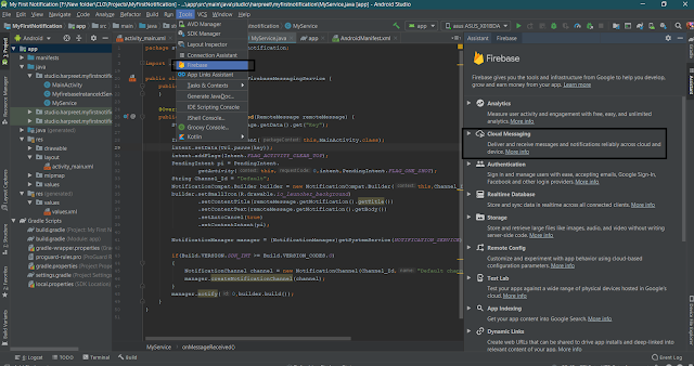 Open Firebase through Android Studio. Tools -> Firebase