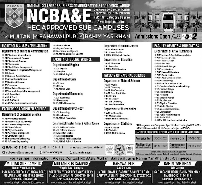  National College Of Business Administration & Economics Lahore Admissions 2022