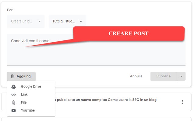 creare post nello stream di google classroom