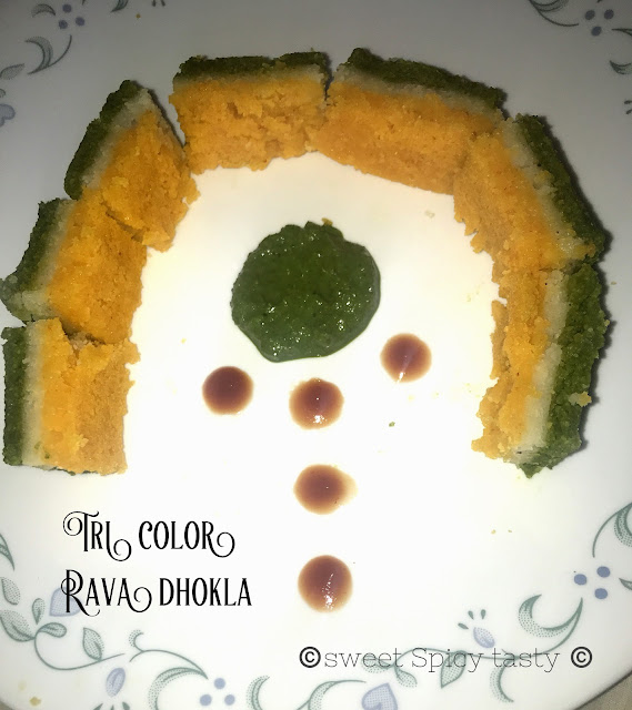 rava dhokla, tri color dhokla, gujurati breakfast, no onion no garlic snack , tea time dhokla, instant dhokla, sandwich dhokla, layered dhokla