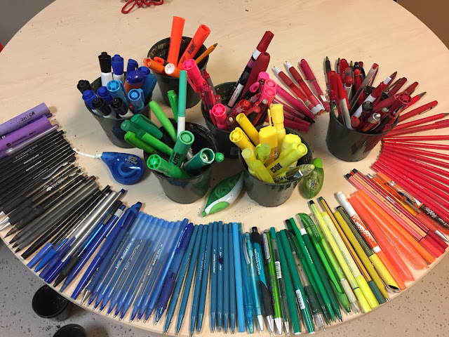 Pens sorted by colour at the uOttawa Pen Recycling Program