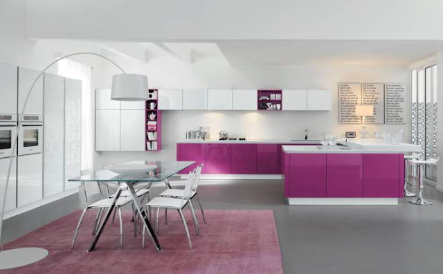 Contoh desain dapur minimalis warna ungu