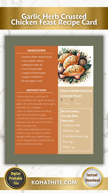 Herbaceous Gluten-Free Baked Chicken Recipe Card Printable PDFs | Rustic Aesthetic Botanical Illustrated Charming Cute Background Image Design