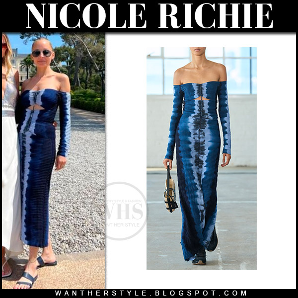 Nicole Richie in blue tie dye off shoulder top and maxi skirt