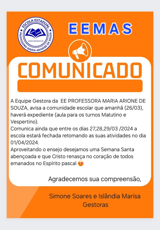 COMUNICADO IMPORTANTE DA EEMAS - FELIZ SEMANA SANTA