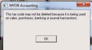 MYOB cannot delete tax code message