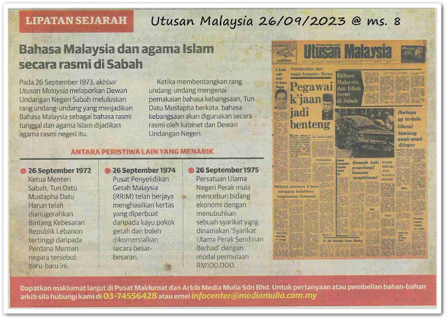 Lipatan sejarah 26 September - Keratan akhbar Utusan Malaysia 26 September 2023