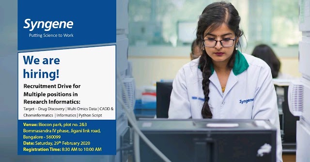 Syngene | Walk-in for Research information on 29 Feb 2020 | Bangalore