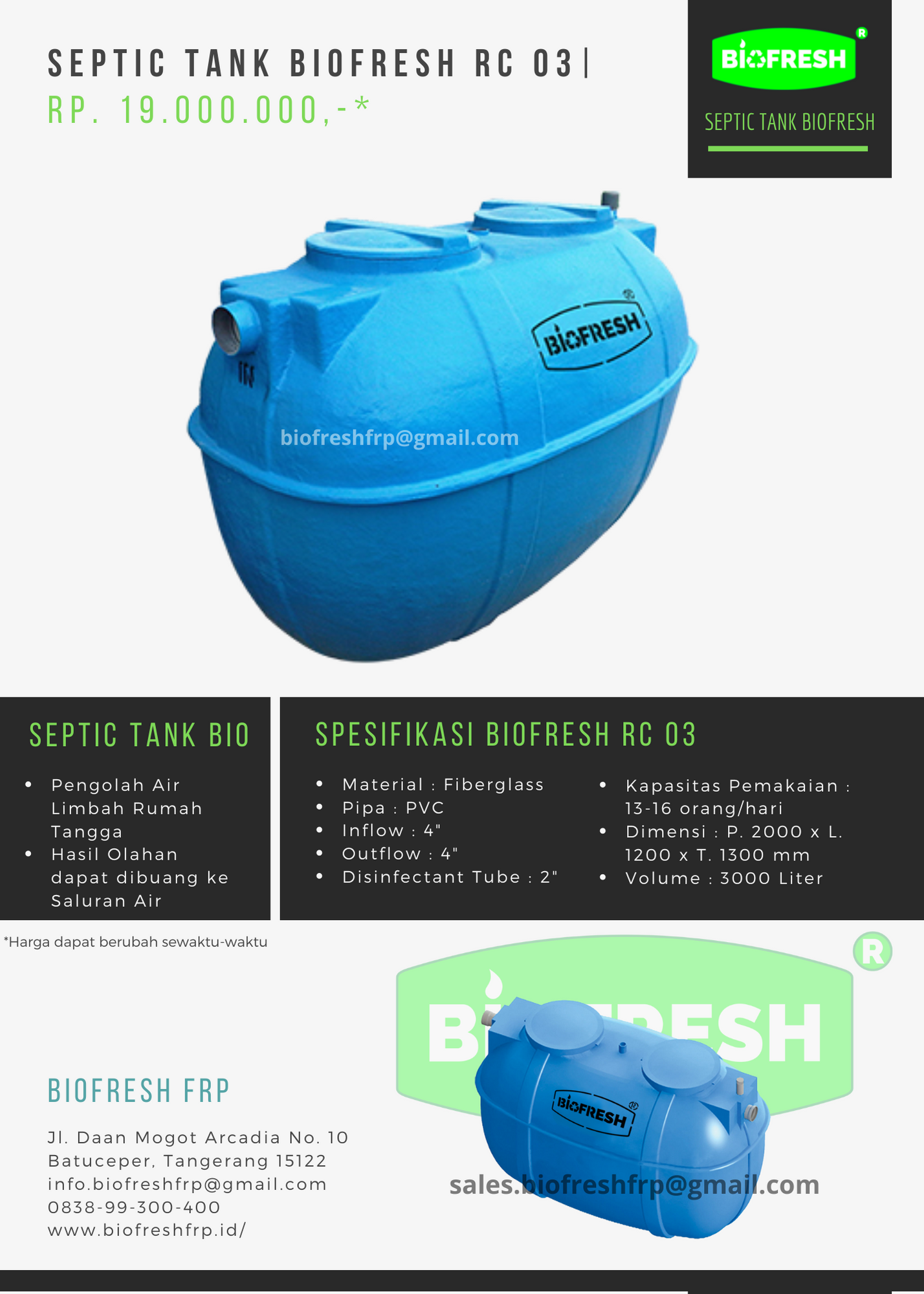 Price List Septic Tank Biofresh RC 3