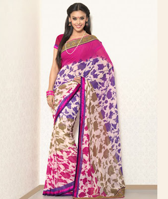 BRAND: Brijraj  CATEGORY: Saree with Unstitched Blouse  COLOUR:  Saree: Magenta and Purple  Blouse: Magenta  MATERIAL:  Saree: Poly Georgette  Blouse: Poly Georgette