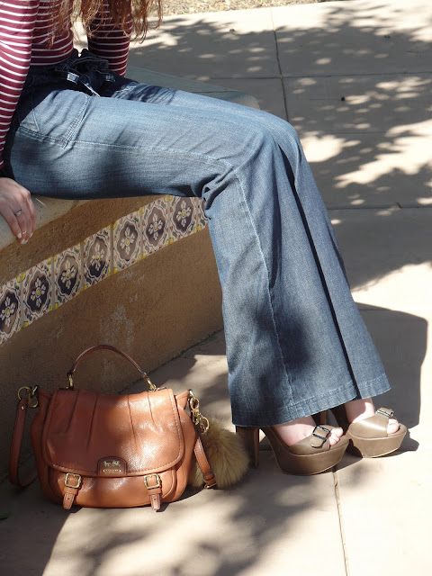 flare jeans with platform sandals