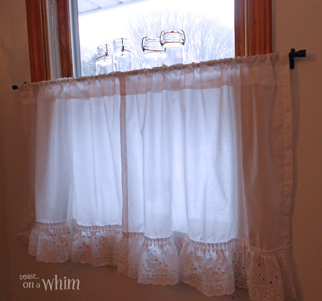 Eyelet Cafe Curtains and Glass Maosn Jars on Window Sill | Vintage Farmhouse Bathroom Makeover | Denise on a Whim