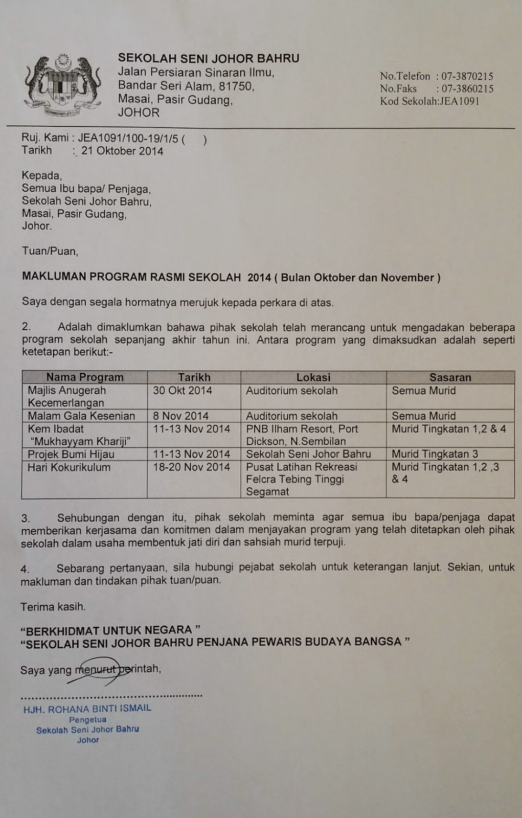 SURAT MAKLUMAN IBU BAPA BERKAITAN PROGRAM SEKOLAH 2014 