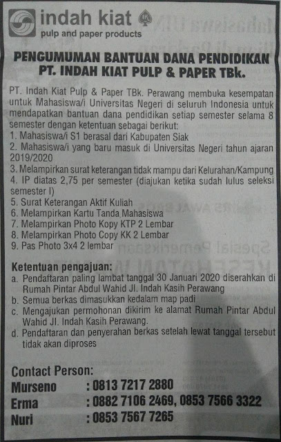 Beasiswa Pendidikan PT Indah Kiat Pulp and Paper II Deadline 30 Januari 2020