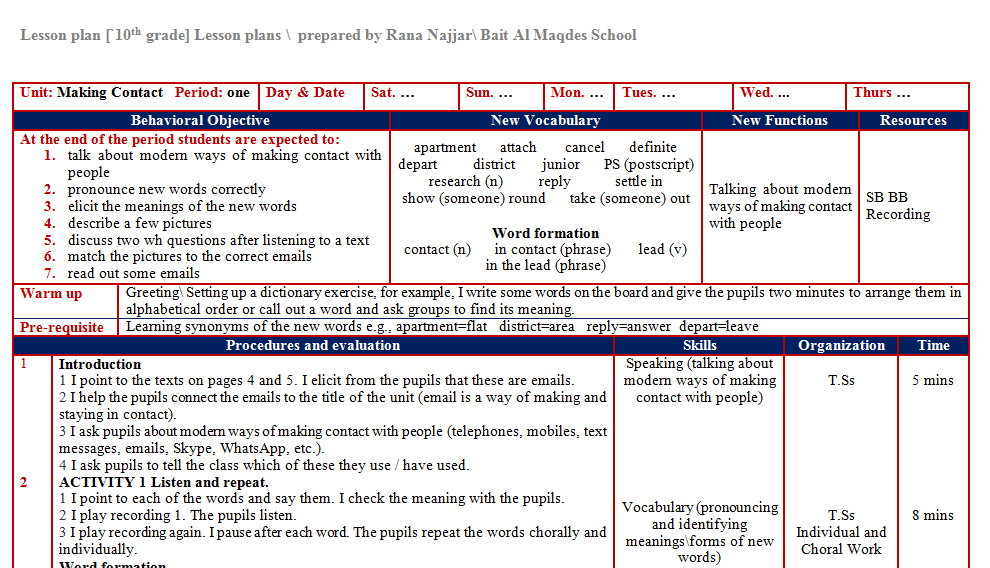 lesson plans 10th units 1 2 3 4 5