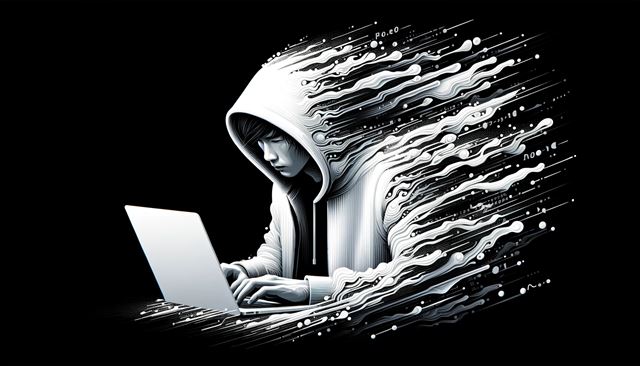 A horizontal art piece with a white-themed setting. It features a Japanese man in a hooded hoodie, deeply engrossed in programming on a laptop. The white-dominated environment is subtly accented with black, creating an abstract expression of digital data and code swirling in the air. This contrast symbolizes intense concentration and creativity in programming. The art style should be sleek, modern digital with sharp lines, exuding a futuristic feel, emphasizing the blend of technology and human focus.
