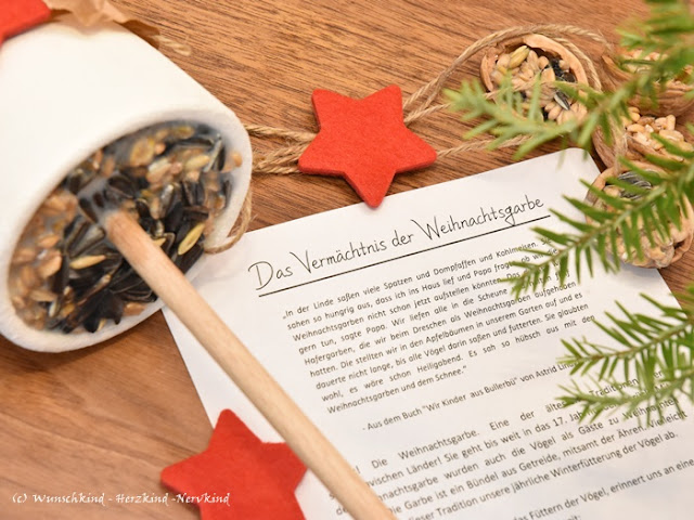 Selbstgemachte Weihnachtsgeschenke von Kindern. Selbstgemachtes Vogelfutter ist kinderleicht herzustellen und bereitet Kindern viel Spaß. Mit einer passenden Geschichte, welche auf wichtige weihnachtliche Themen der Nächstenliebe und Hilfsbereitschaft hinweist, rundet das gelungene Weihnachtsgeschenk ab.