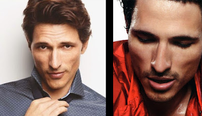 Man with Pentagon face shape in frontal and downward-looking view. Andres Velencoso, Spanish model.