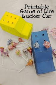 Add a fun party favor or statement piece to your Game night dessert table with this printable Game of Life car.  Game car holds 6 suckers so it looks like the actual game piece but instead is a great addition to your Game Night party.