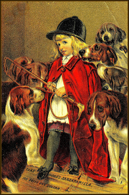 Blond girl wearing red cape and black hunting cap surrounded by 7 hounds